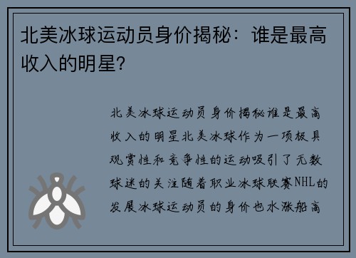 北美冰球运动员身价揭秘：谁是最高收入的明星？
